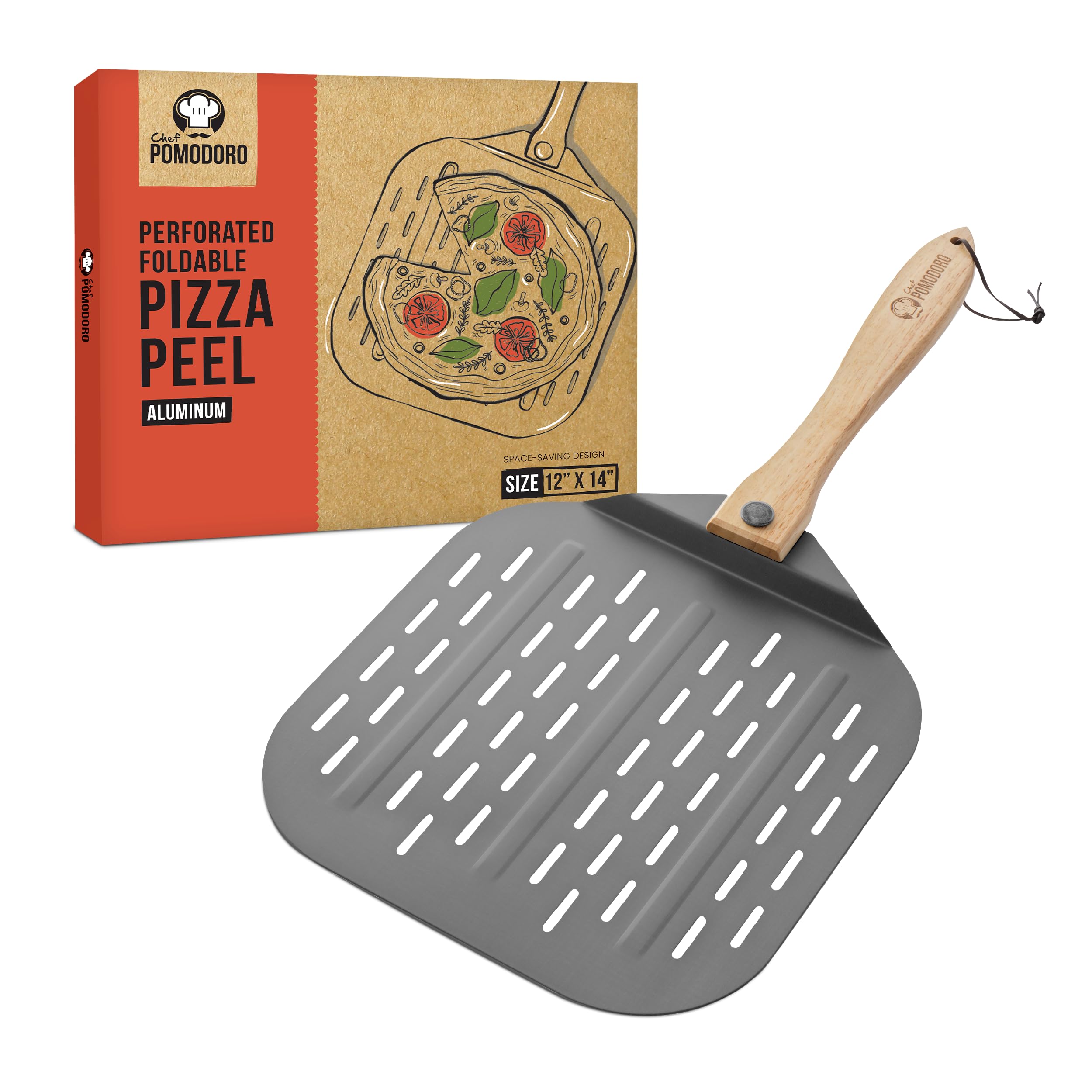 Chef Pomodoro perforated pizza peel with foldable wood handle for easy, safe transfers.