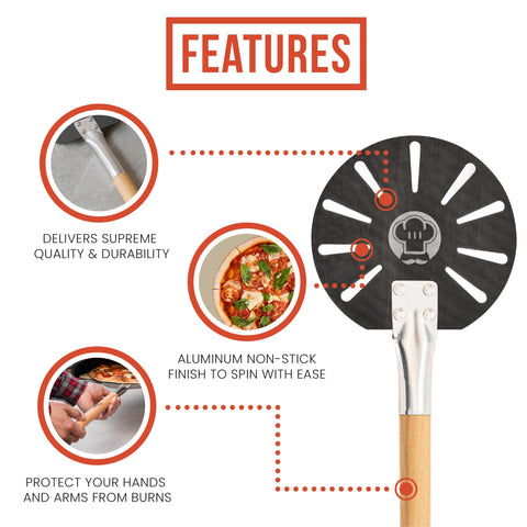 Chef Pomodoro perforated pizza peel promotes crisp crust and easy transfer.