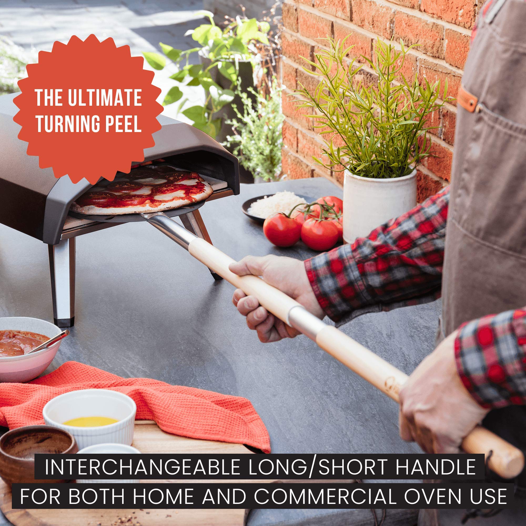 Chef Pomodoro pizza peel with extendable 47-inch handle for reach and safety.