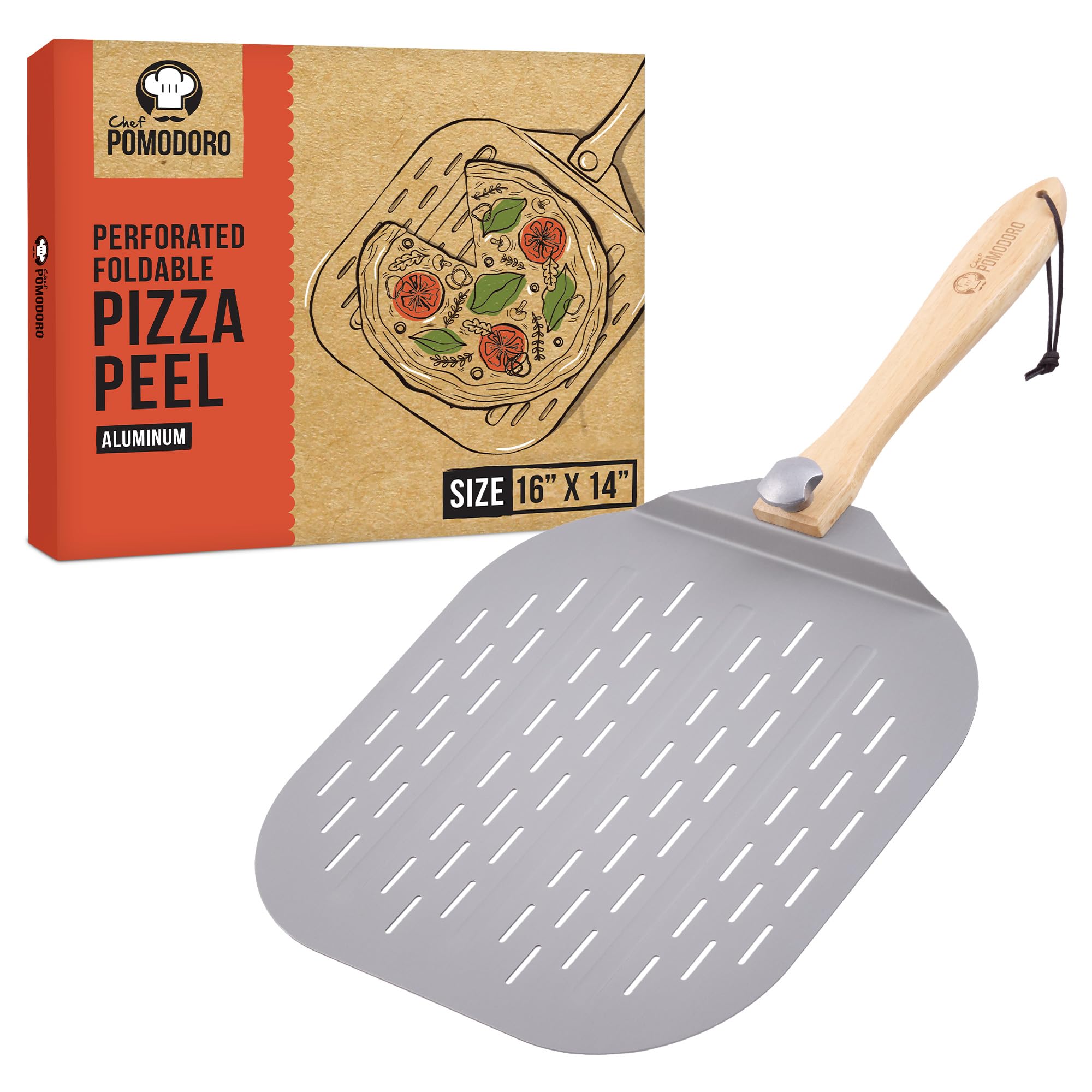 Chef Pomodoro aluminum pizza peel head enables sturdy, even pizza transfers.