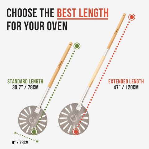 Chef Pomodoro pizza peel with detachable wooden handle extends for safe handling.