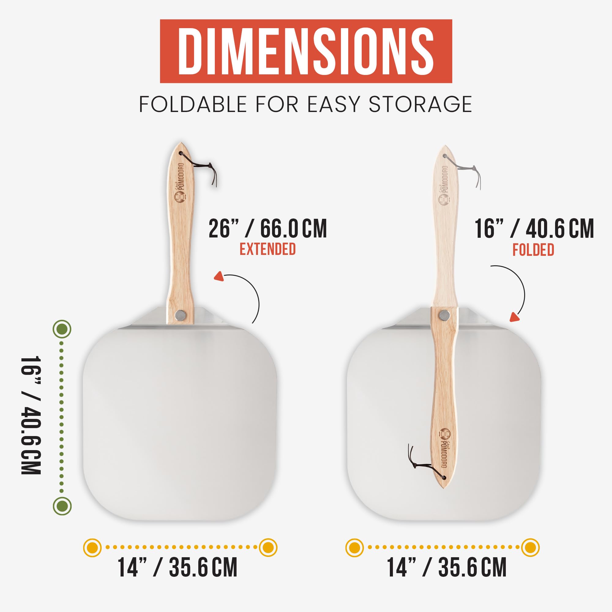 Chef Pomodoro pizza peel foldable-handle for compact storage.