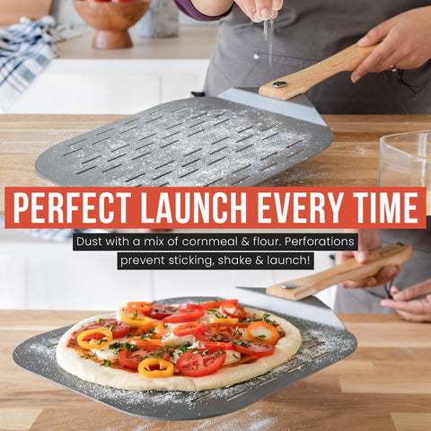 Chef Pomodoro pizza peel transfers pizzas safely to ovens.