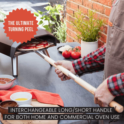 Chef Pomodoro pizza peel with tapered edge slides easily under dough.