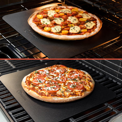 Chef Pomodoro pizza steel easy-clean surface minimizes residue between bakes