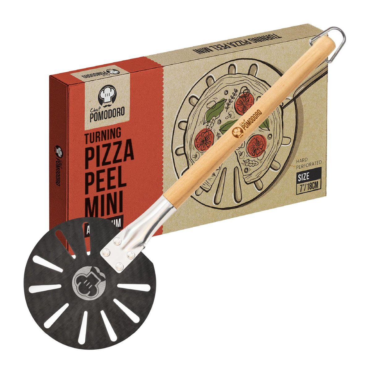 Chef Pomodoro pizza turning peel aluminum head for safe, precise oven rotation.