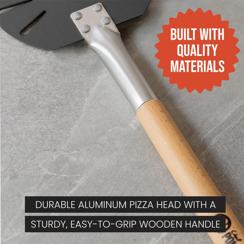 Chef Pomodoro aluminum head with wooden handle stands up to high heat.