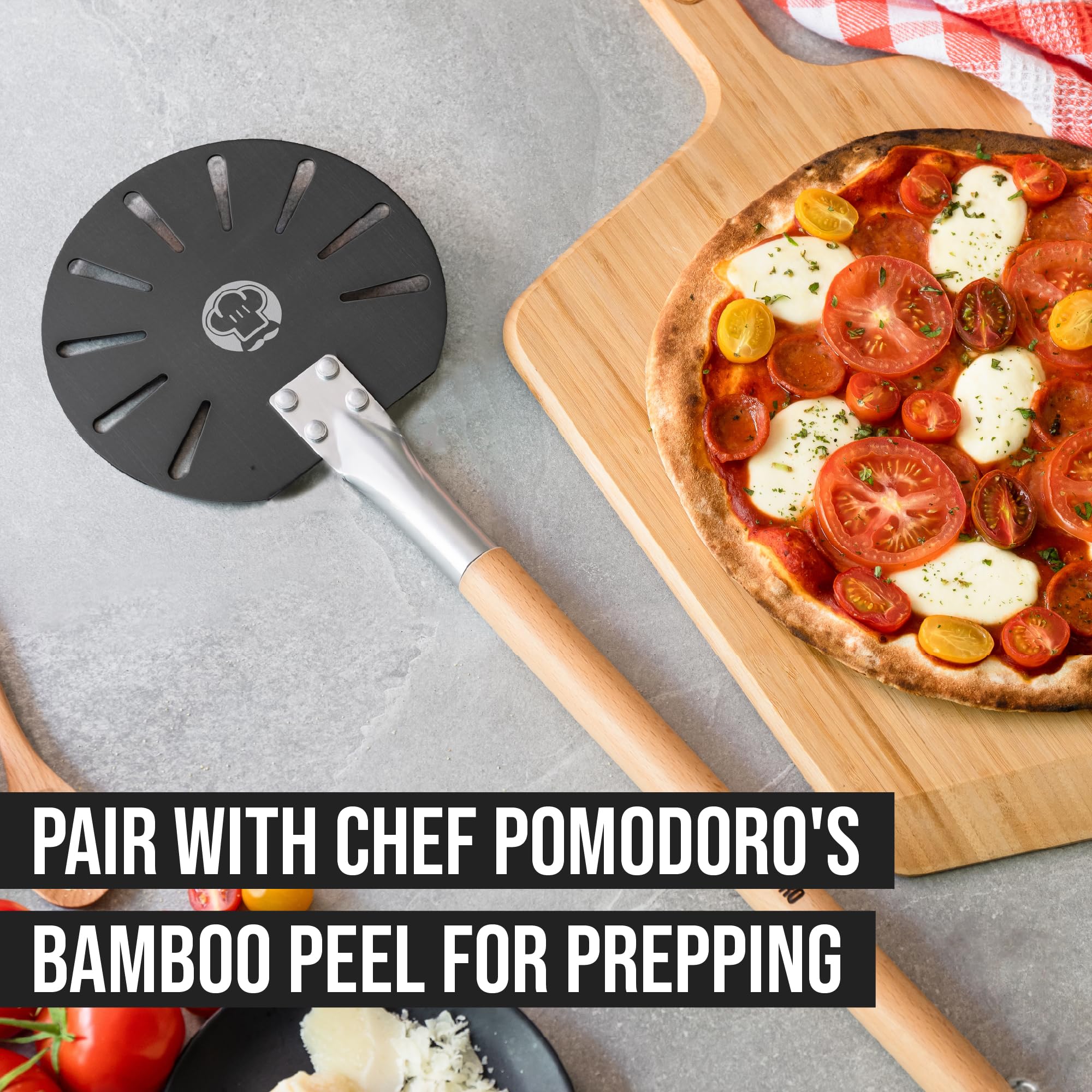 Chef Pomodoro pizza turner designed for even cooking and rotating in ovens.