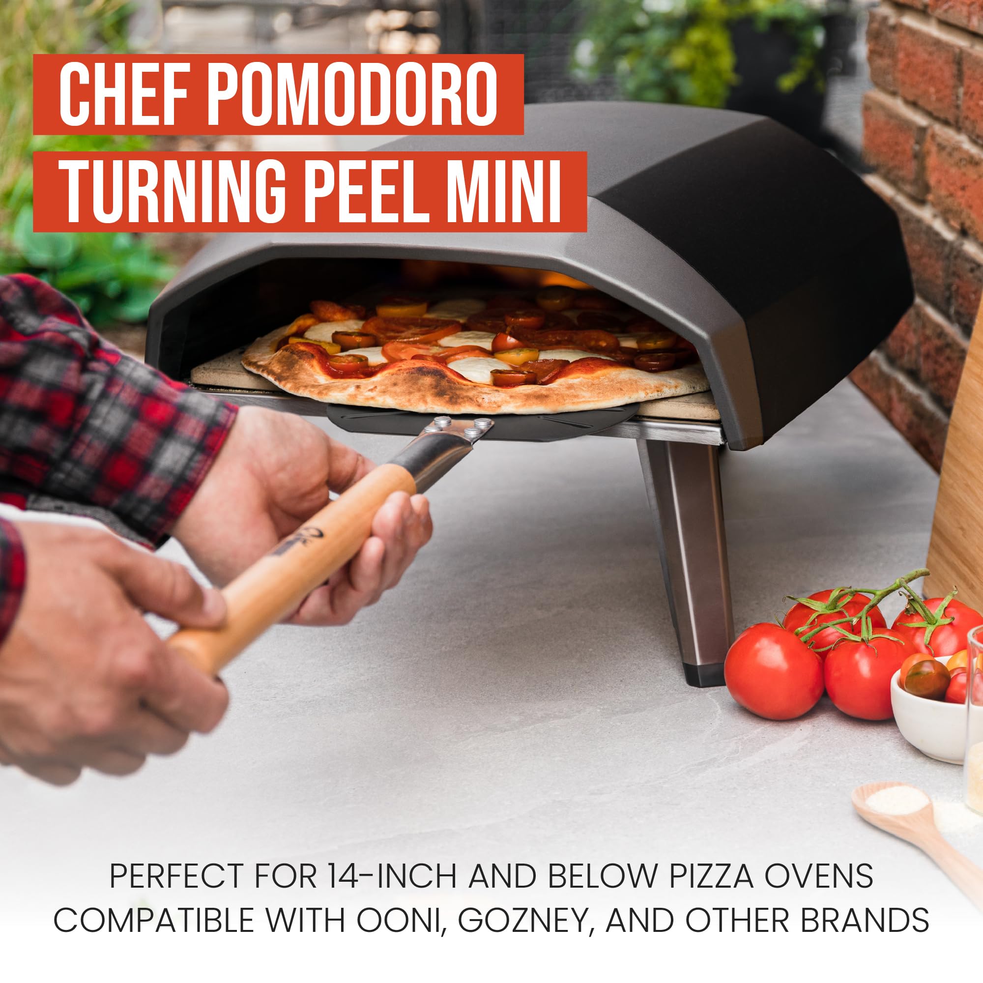Chef Pomodoro turning peel with tapered edge slides easily under dough.