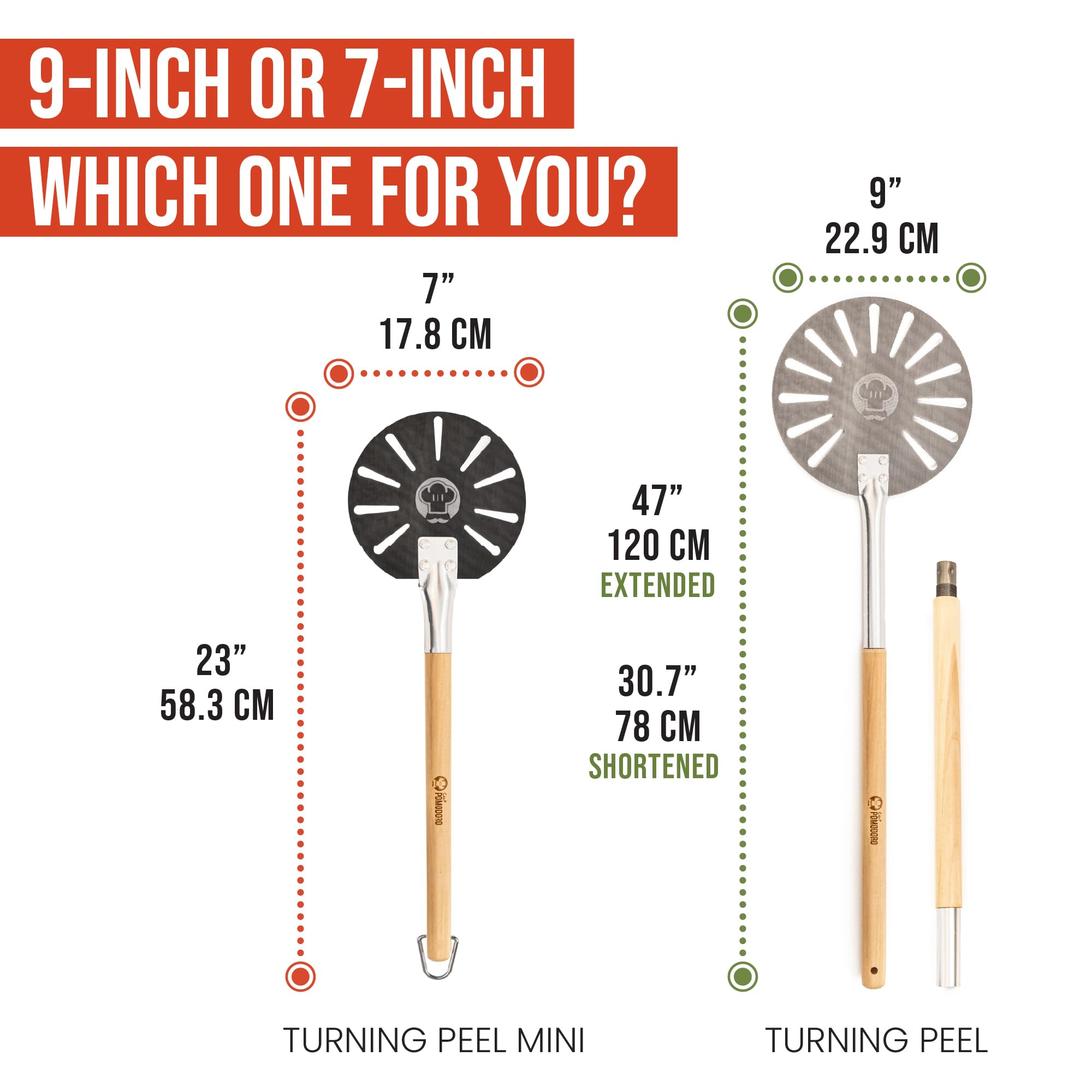 Chef Pomodoro pizza turning peel wood handle for comfortable grip and control.