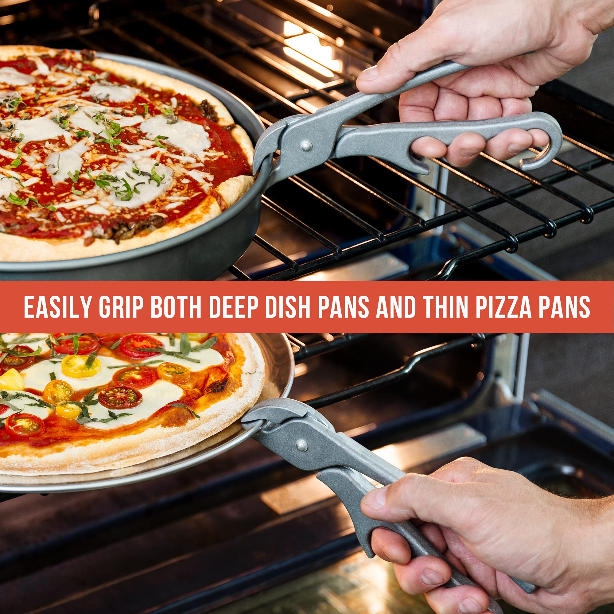 Chef Pomodoro spring-loaded clasp keeps a firm grip on varied pans.