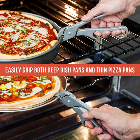 Chef Pomodoro spring-loaded clasp keeps a firm grip on varied pans.