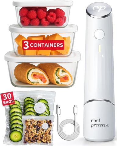 Chef Preserve compact vacuum sealer shown sealing a bag quickly to lock in freshness.