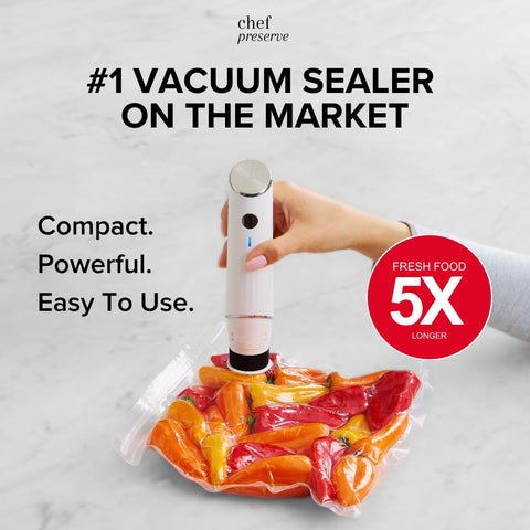 Chef Preserve handheld vacuum sealer powers on for fast five-second sealing.