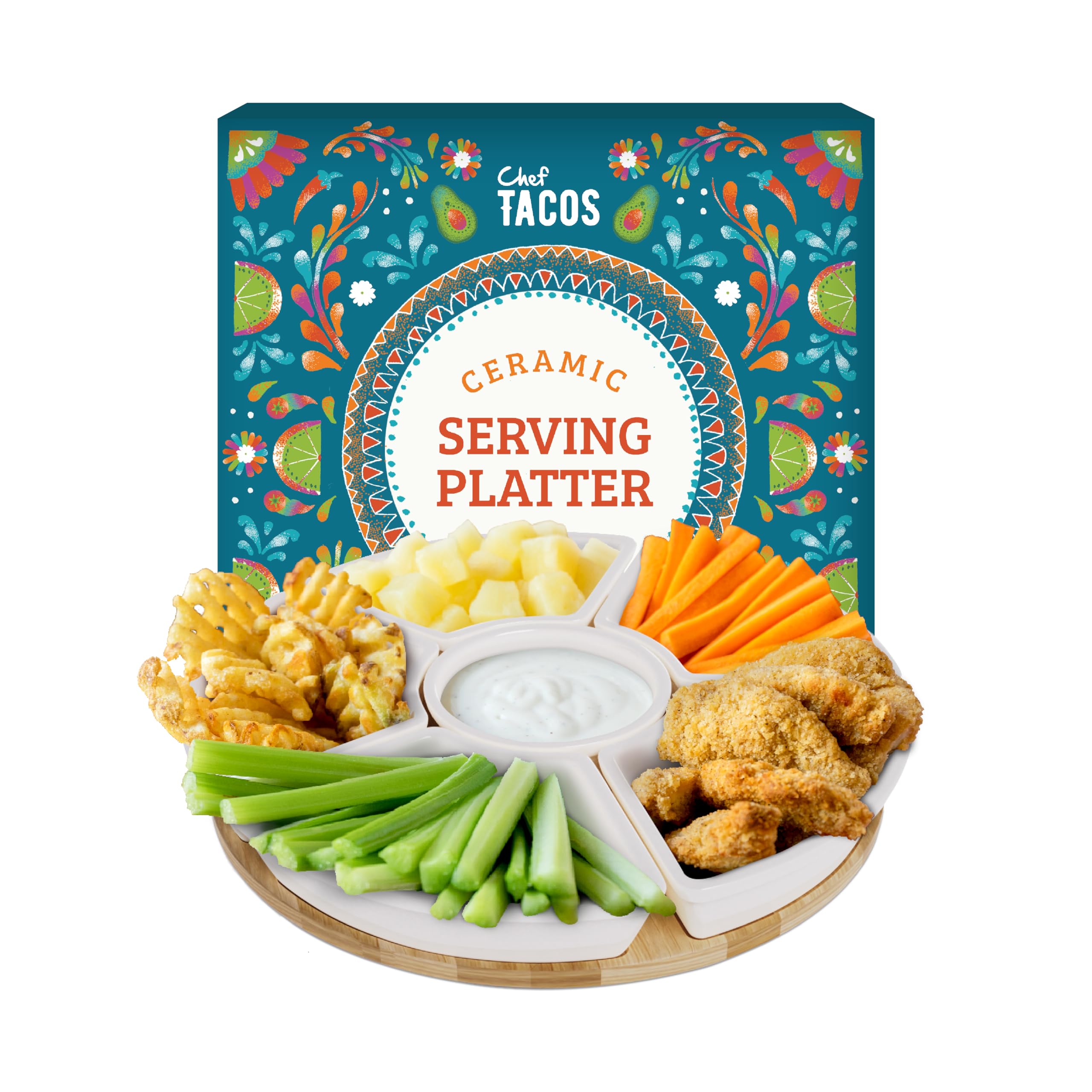 Chef Tacos ceramic taco platter with built-in lazy Susan for easy passing at gatherings