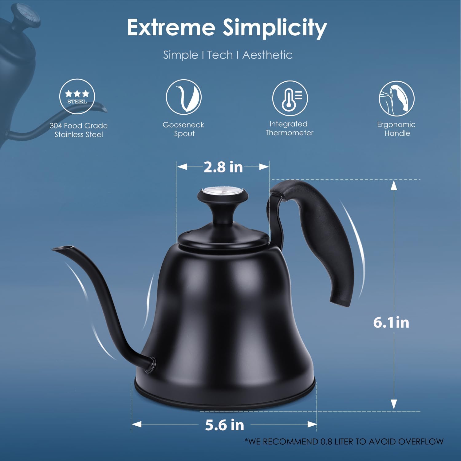 Compact 0.8 liter capacity fits small-batches for pour-over rituals.
