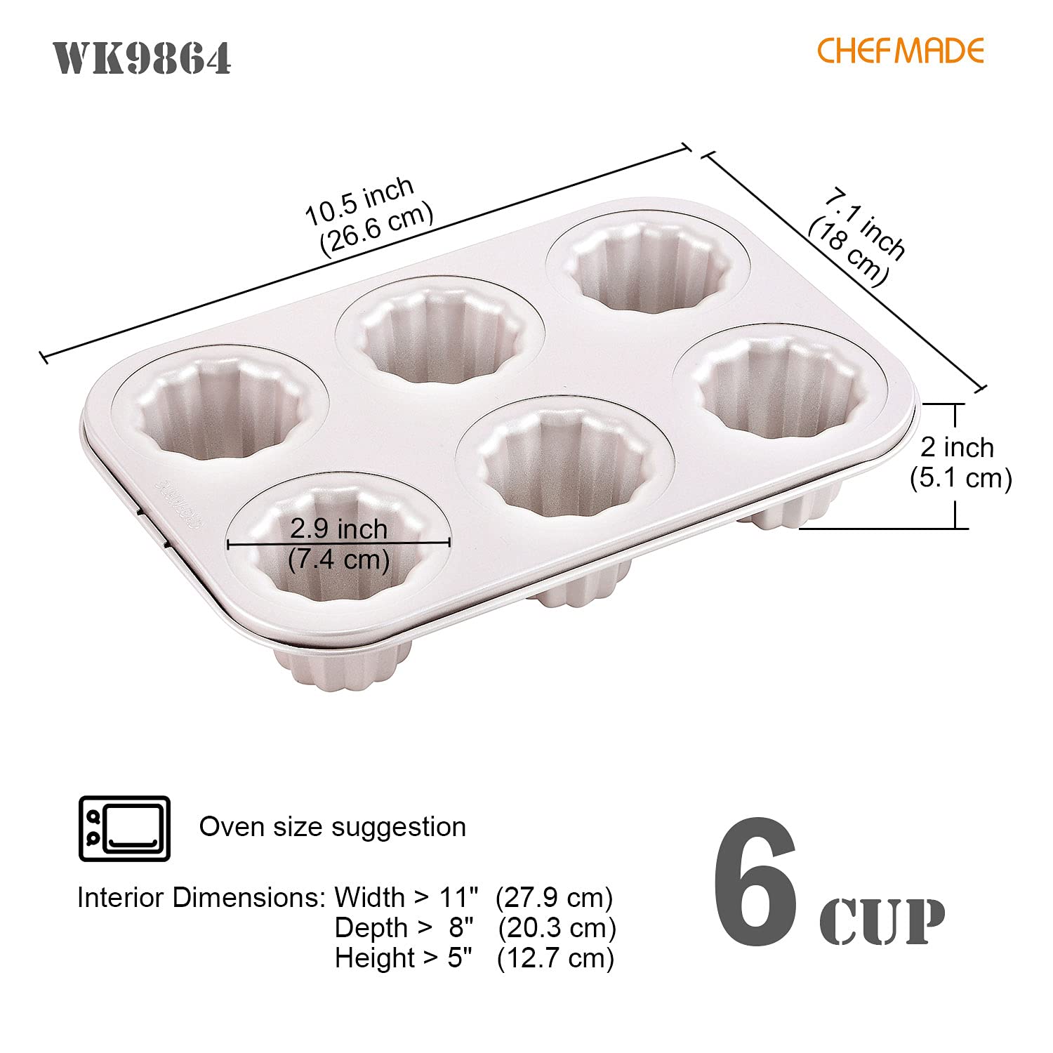 CHEFMADE canele mold pan 6-cavity nonstick surface for easy release with less oil.