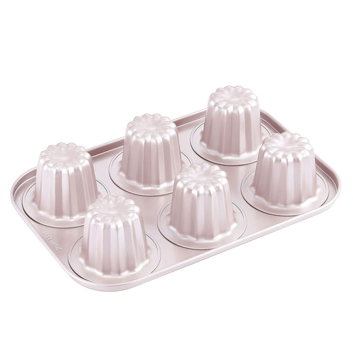 CHEFMADE canele mold pan top view showing sturdy 6-cavity layout for consistent baking.
