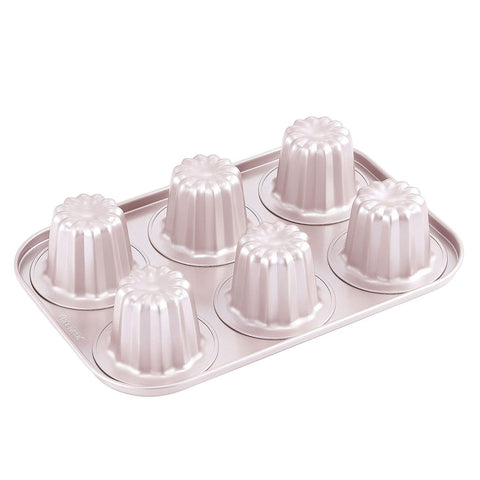 CHEFMADE canele mold pan top view showing sturdy 6-cavity layout for consistent baking.