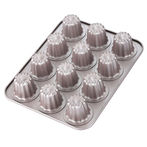 CHEFMADE Canele Mold Pan top view highlights even heat and champagne gold finish.