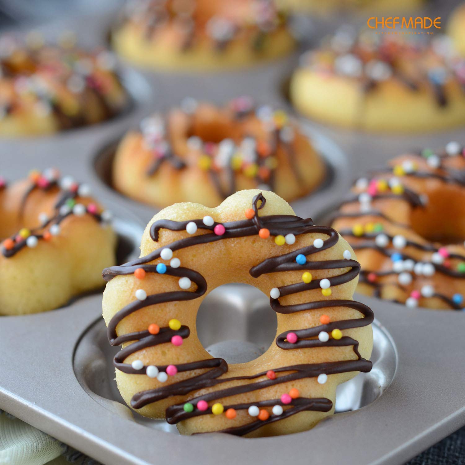 CHEFMADE donut mold with non-stick coating reduces required oil for healthier baking.