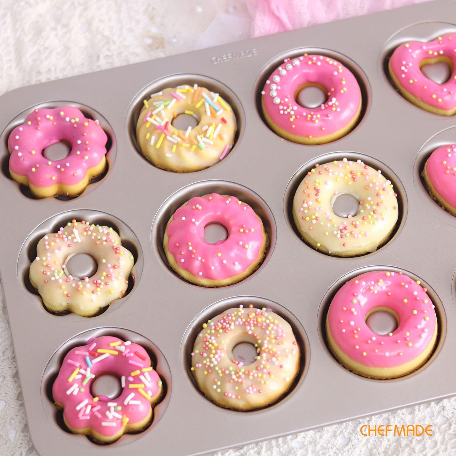 CHEFMADE donut pan carbon steel core delivers robust heat for uniform donuts.