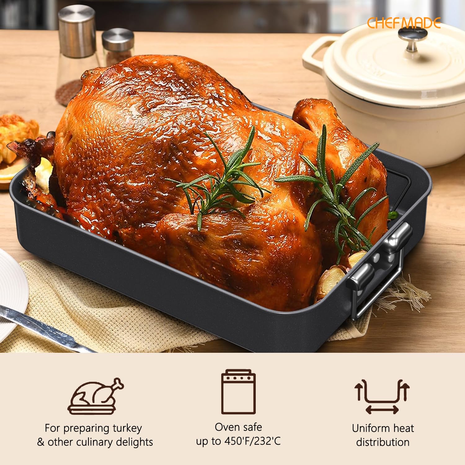 Sturdy side handles provide a secure grip when transferring from oven.
