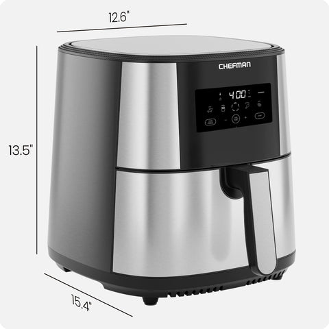 Chefman 8 Qt Air Fryer control panel shows an intuitive touchscreen for precise temperatures up to 450°F.