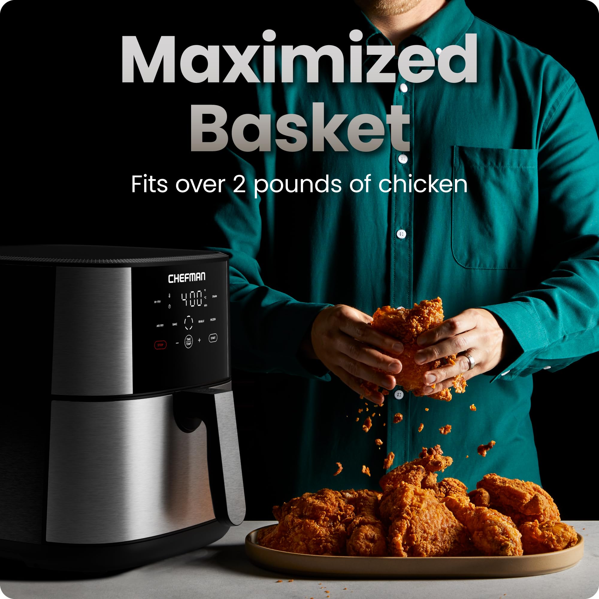 Chefman 8 Qt Air Fryer basket being removed shows dishwasher-safe nonstick design for easy cleaning.