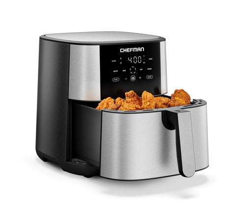 Chefman 8 Qt Air Fryer front view highlights a sleek stainless steel finish for quick kitchen upgrades.