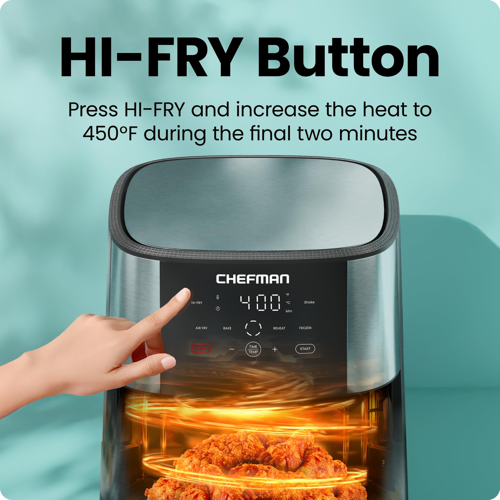Chefman 8 Qt Air Fryer mid-cycle with shake notification ensures even browning and cooking.