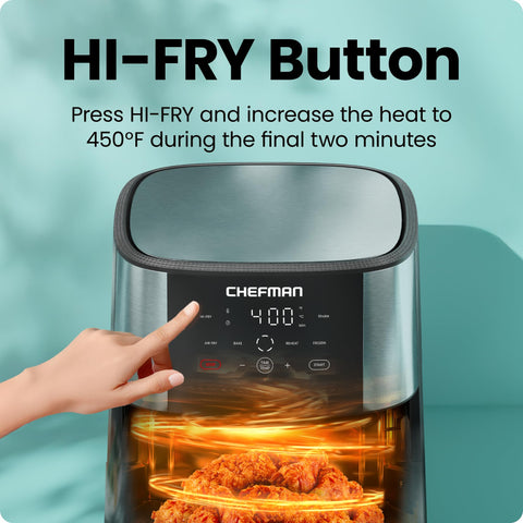 Chefman 8 Qt Air Fryer mid-cycle with shake notification ensures even browning and cooking.