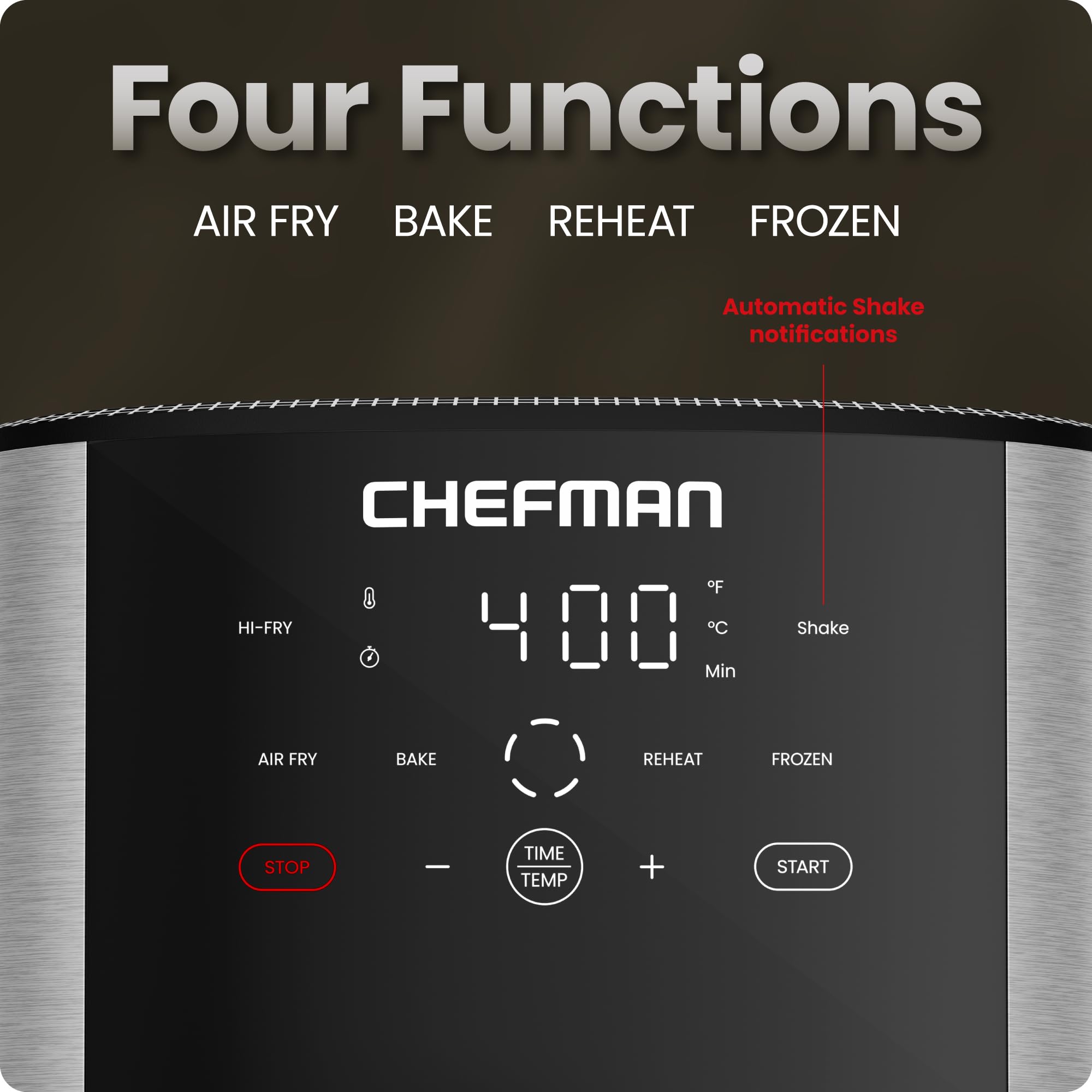 Chefman 8 Qt Air Fryer stainless steel exterior shines after daily use in a busy kitchen.