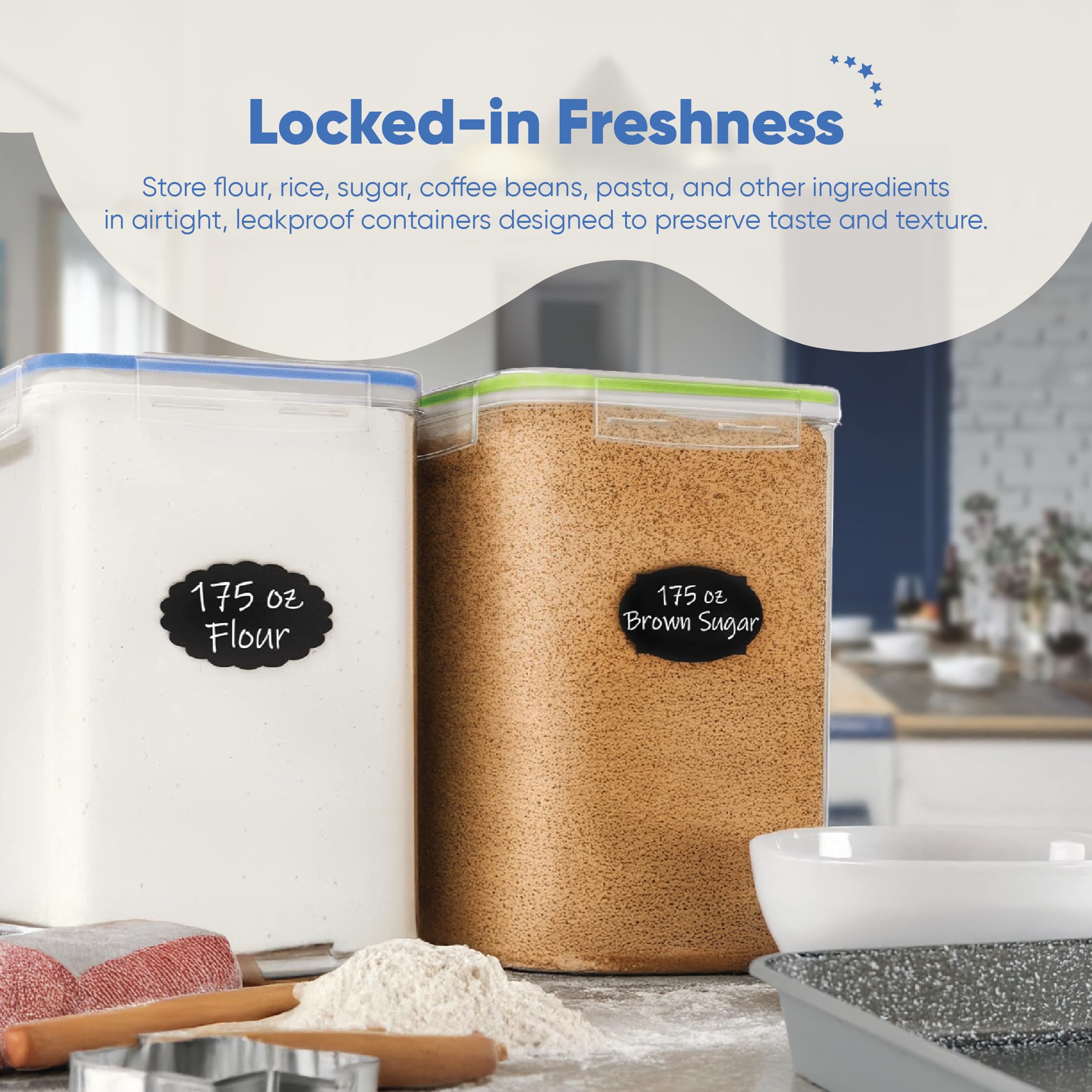Chef's Path clear, stackable canisters for easy pantry organization.