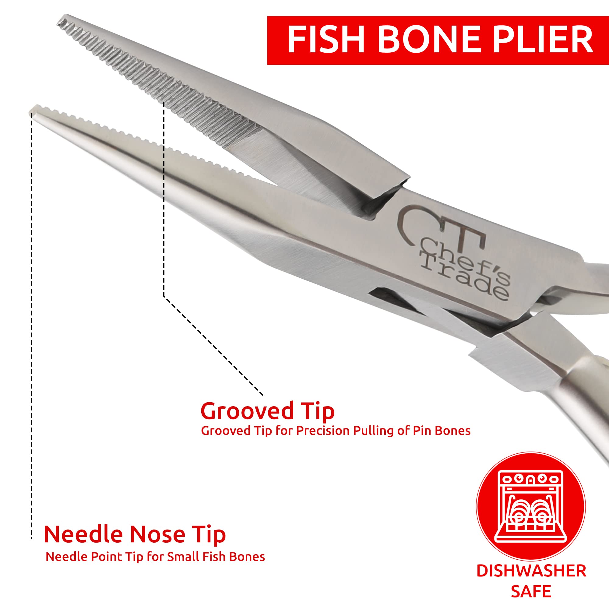 Chefs Trade dishwasher safe tweezers simplify cleanup after filleting.