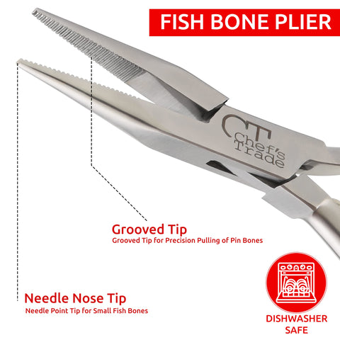 Chefs Trade dishwasher safe tweezers simplify cleanup after filleting.
