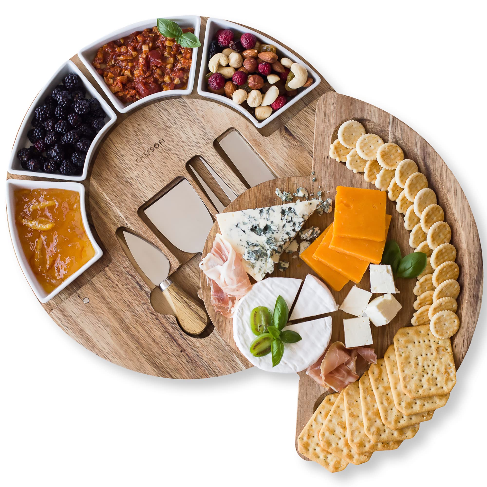 ChefSofi acacia cheese board 13in with ample surface for crackers and meats, ideal for entertaining guests.