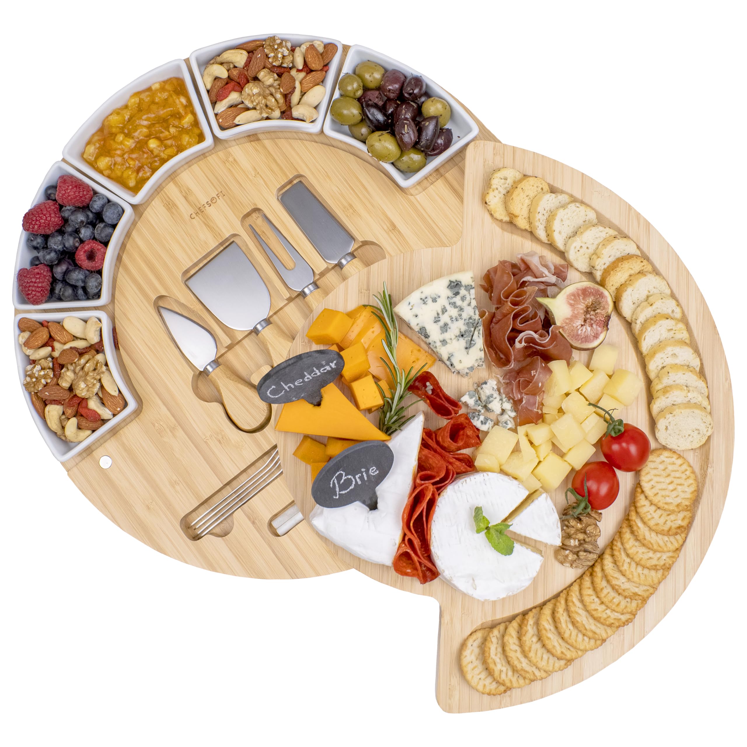 ChefSofi charcuterie board in bamboo serves as a stylish centerpiece for entertaining guests.