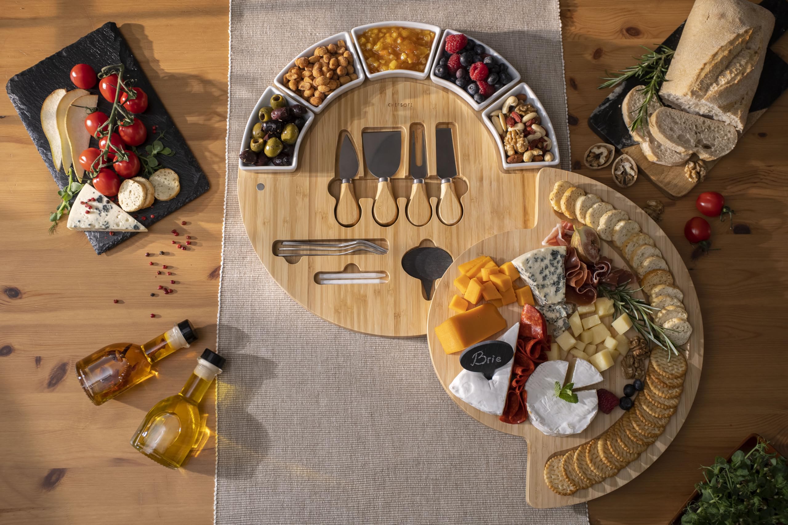 ChefSofi ceramic bowls keep fruits and nuts neatly organized on the board.