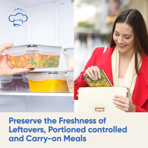 Chef's Path 19oz rectangular container fits fridge shelves for easy access.