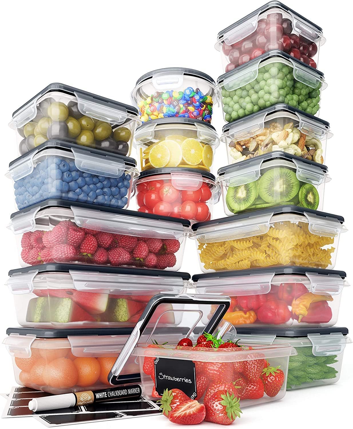 Chef's Path 32-piece airtight containers with snap lids preserve freshness and prevent leaks.