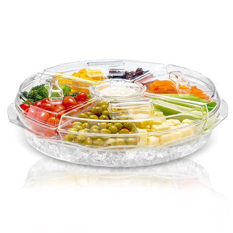 Chef's Star 16-inch tray with ice compartment keeps foods cool at gatherings.