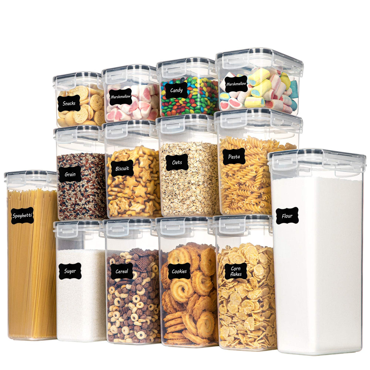 CHEFSTORY airtight containers in four sizes for versatile pantry storage.