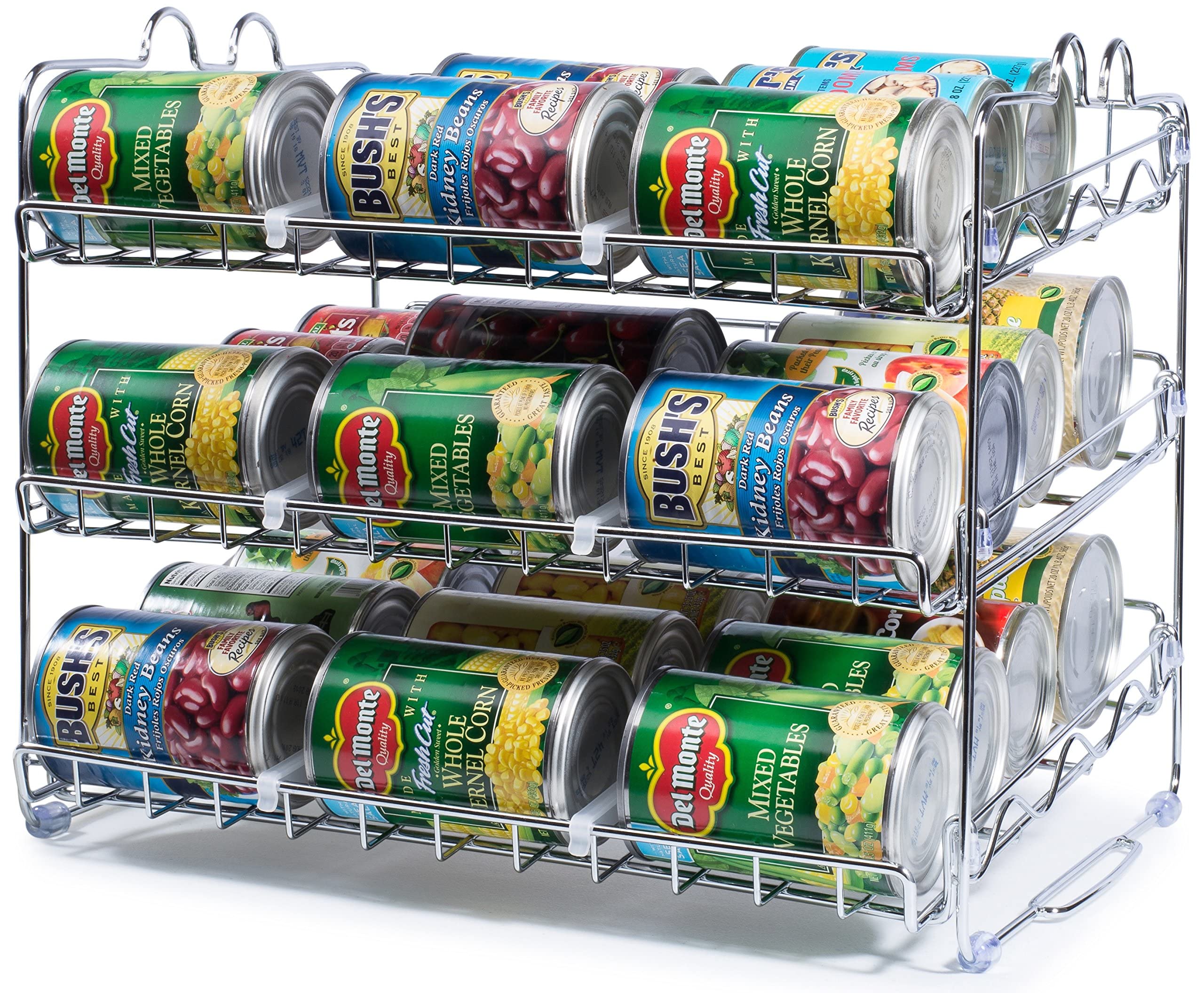 Chemar can organizer in chrome, front view, showcases sturdy 36-can storage for a neat pantry.
