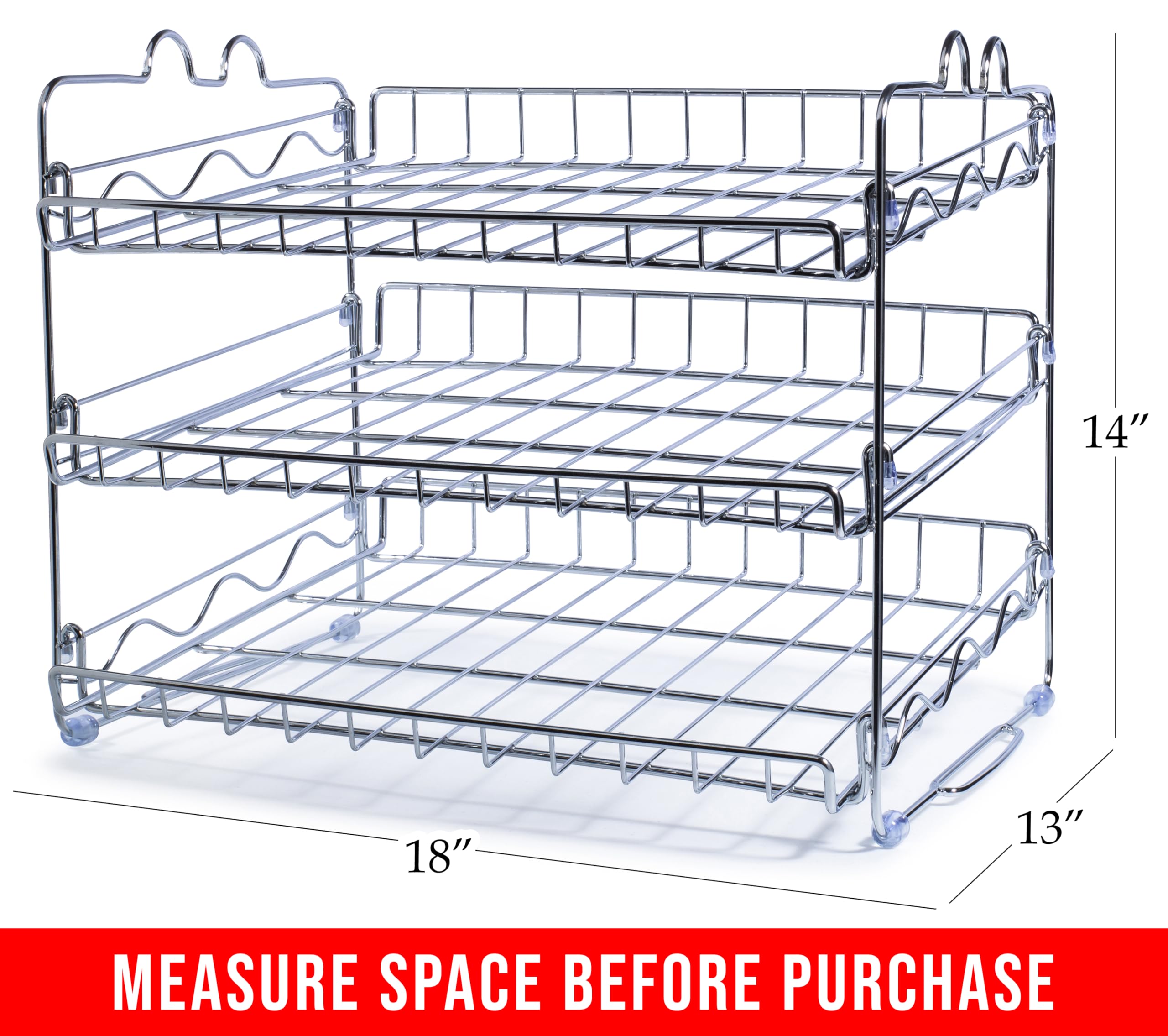 Chemar chrome rack side view highlights adjustable dividers for different can sizes.