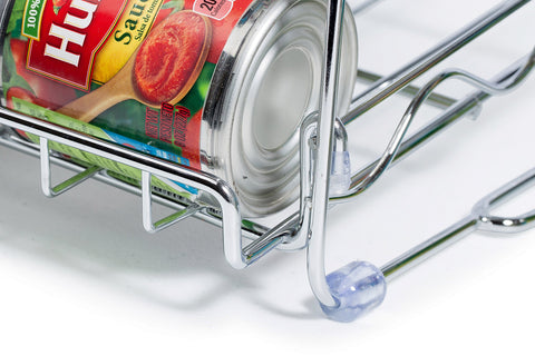 Chemar chrome can rack on counter demonstrates compact, accessible organization during meal prep.
