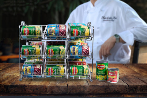 Chemar stackable can rack reduces clutter and keeps frequently used cans within reach.
