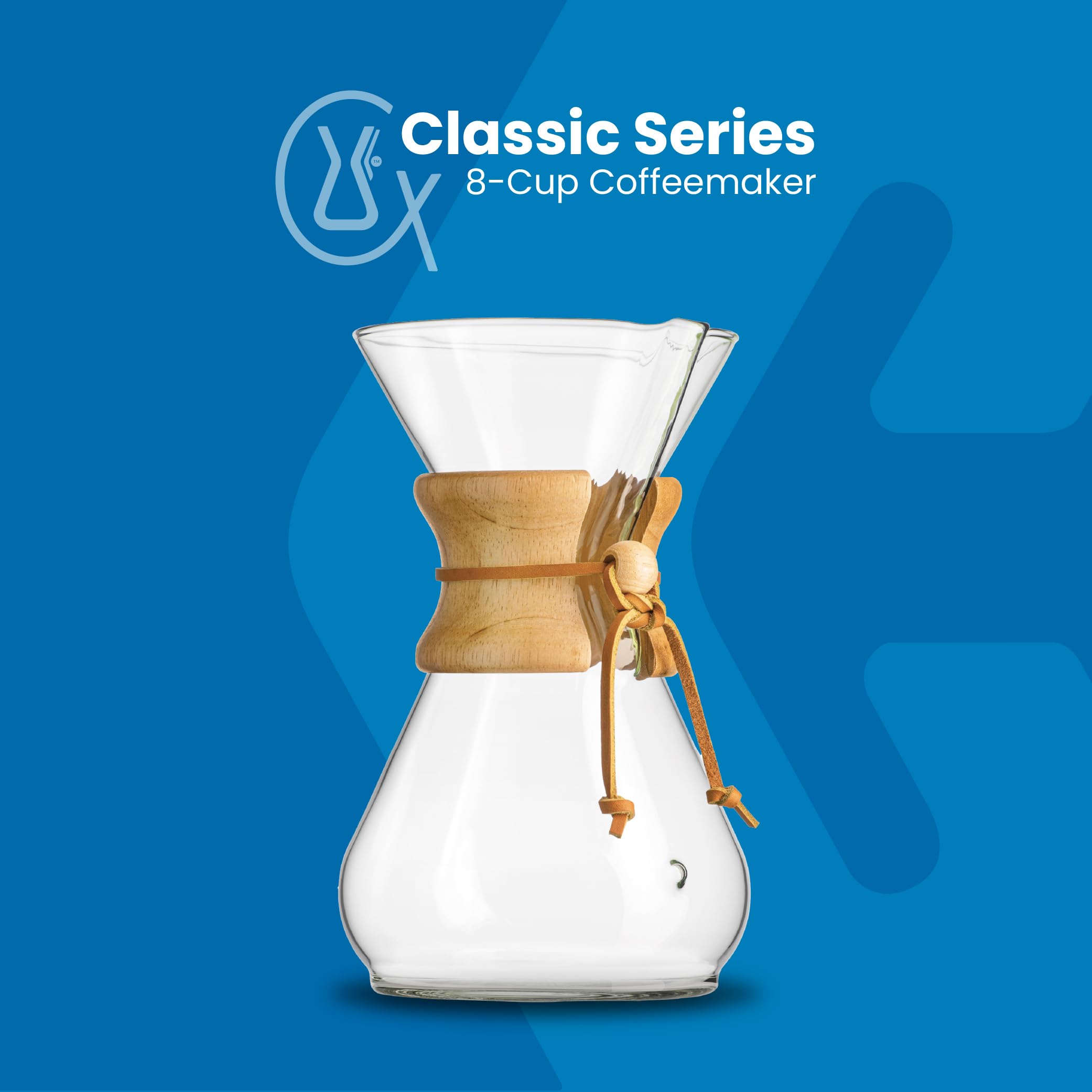 Chemex 8-cup Classic coffeemaker in glass shows timeless pour-over elegance.