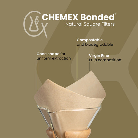 Natural square Chemex filter minimizes sediment for a cleaner cup.
