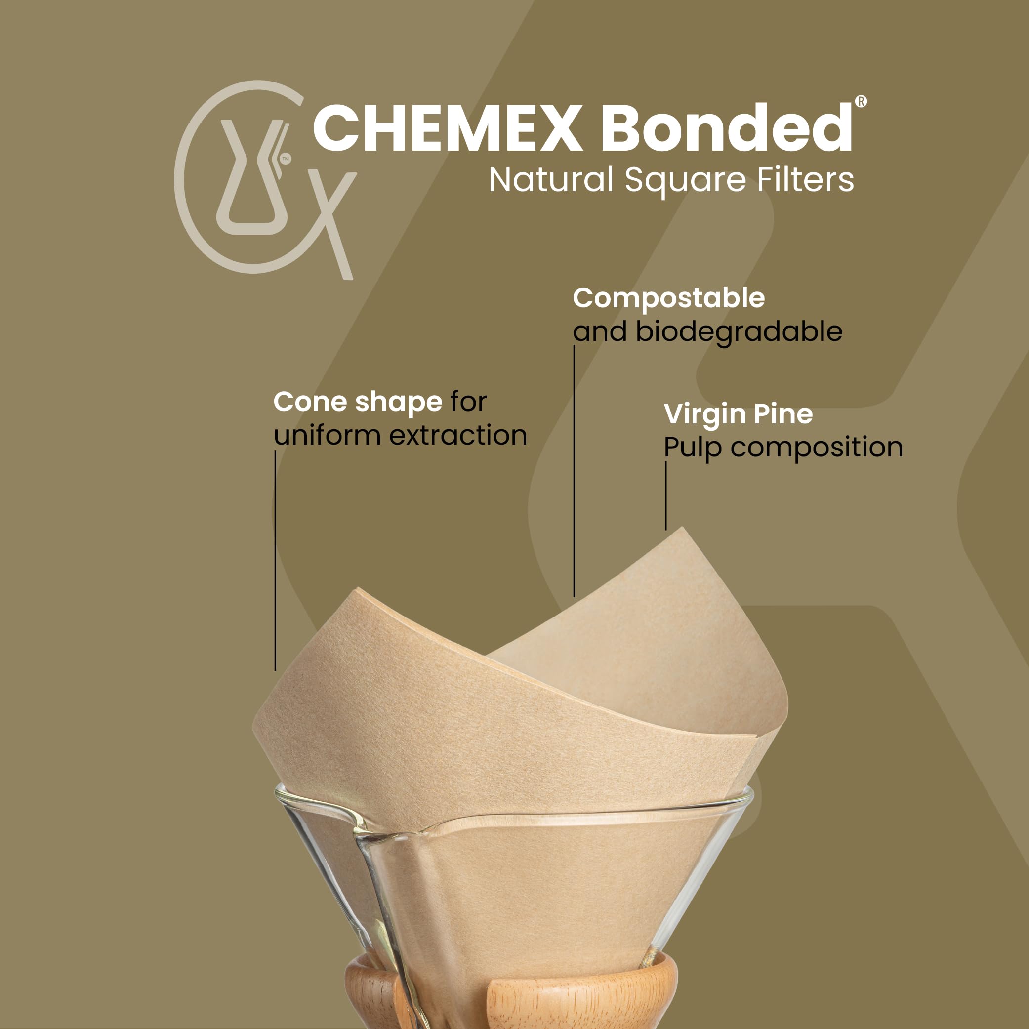 Chemex bonded filter natural square 100ct exclusive box demonstrates freshness protection.
